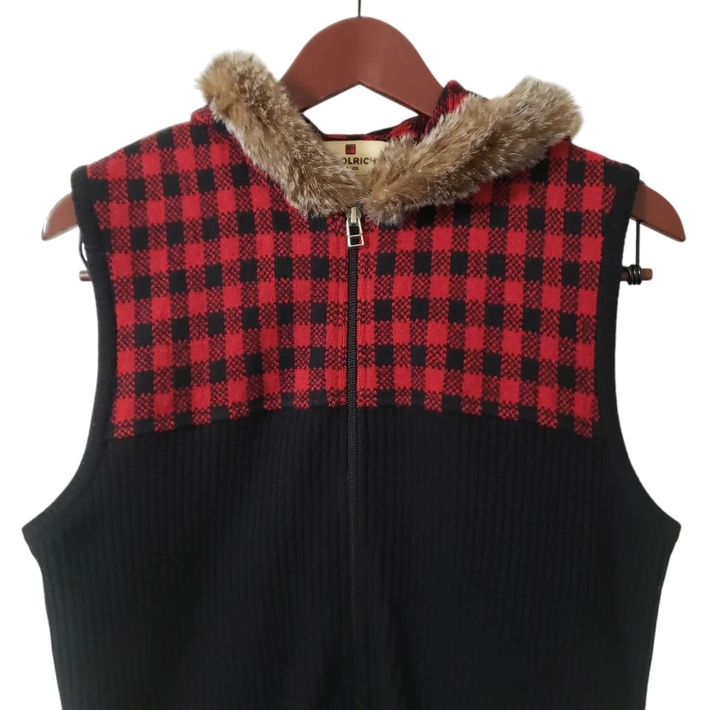 Woolrich Womens Buffalo‎ Plaid Lambswool Sweater Vest Faux Fur Hood Sz Medium